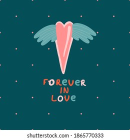 Heart with wings.Trendy Valentine's Day background with pattern and typography. Vector illustration. Wallpaper, flyers, invitations, posters, brochures, banners
