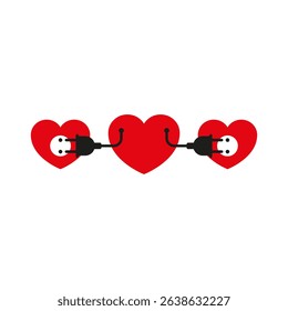 A heart with a wire, cord and plug is connected to a hearts with a socket. Vector illustration on white background.
