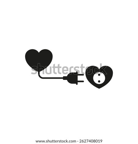 A heart with a wire, cord and plug is connected to a heart with a socket. Vector illustration on white background.