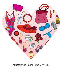 A heart with women's summer things. Set. Fashion llustration. Vector image.