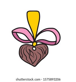 Heart wooden decoration with a bow and ribbons, pendant.Valentine's day
 .On hand-drawn, on a white isolated background.Design for greeting card,banner, 