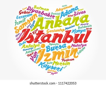 Heart word cloud with List of cities in Turkey, concept background
