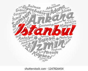 Heart word cloud with List of cities in Turkey, concept background