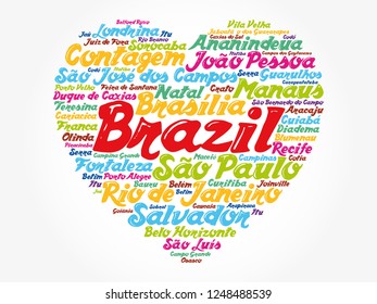 Heart word cloud with List of cities in Brazil, concept background