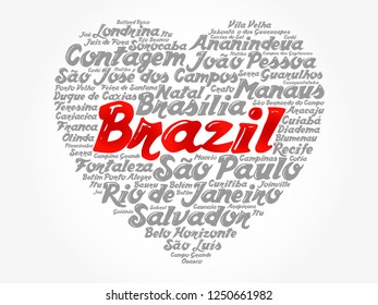 Heart word cloud with List of cities in Brazil, concept background