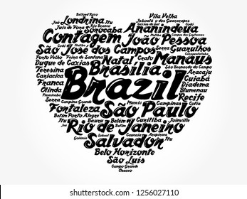 Heart word cloud with List of cities in Brazil, concept background