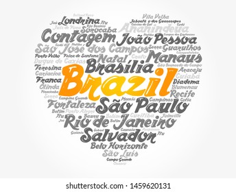 Heart word cloud with List of cities in Brazil, concept background