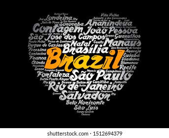 Heart word cloud with List of cities in Brazil, concept background