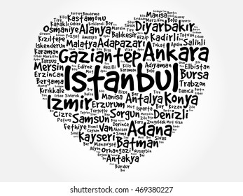 Heart word cloud with List of cities in Turkey, concept background