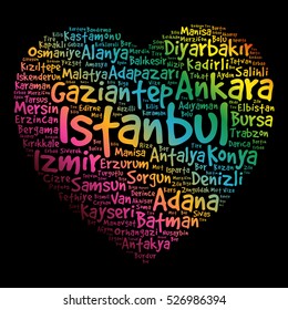 Heart word cloud with List of cities in Turkey, concept background