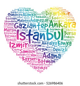 Heart word cloud with List of cities in Turkey, concept background