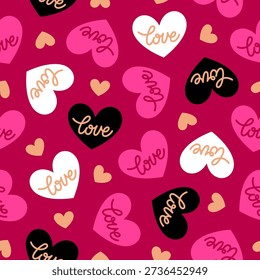 Heart with word "love" seamless pattern design for valentine’s day background.