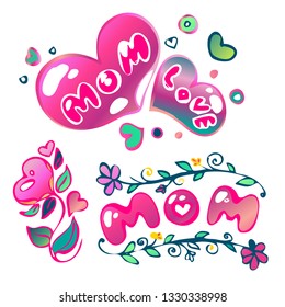 Heart with  word mom .
Happy Mother's Day greetings design with hearts and flowers signboard, night bright advertising, light banner, light art. Vector illustration