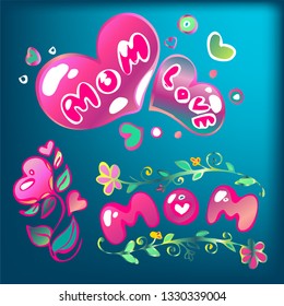 Heart with  word mom .
Happy Mother's Day greetings design with hearts and flowers signboard, night bright advertising, light banner, light art. Vector illustration