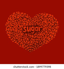 A heart with the word "sugar" in the middle. A heart of petals with the word "sugar" in the middle.