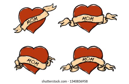Heart with wording mom vector by hand drawing.Beautiful tattoo on white background.Graphic art highly detailed in line art style.Red heart with ribbon retro for wallpaper or tattoo.