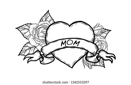 Heart with wording mom vector by hand drawing.Beautiful tattoo on white background.Graphic art highly detailed in line art style.Red heart with ribbon retro for wallpaper or tattoo.