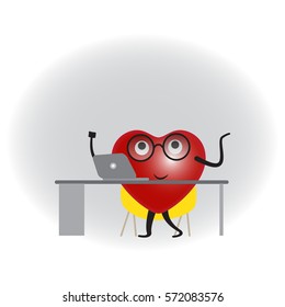 Heart. Work at the computer in the office. Business character. Banner for design in business style.