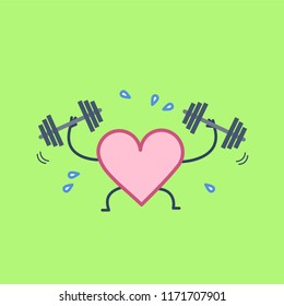 Heart workout. Vector concept illustration of hard working sweating heart with two dumbbells | flat design linear infographic icon on green background