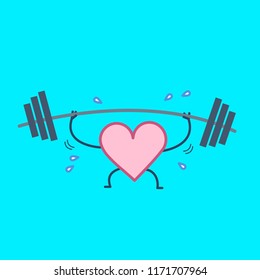 Heart workout. Vector concept illustration of hard working sweating heart with barbell in gym | flat design linear infographic icon on blue background