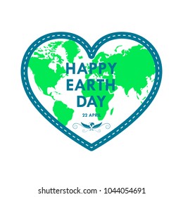 Heart with world map for 22 april, in flat design. Vector illustration. Happy Earth Day, ecology concept.