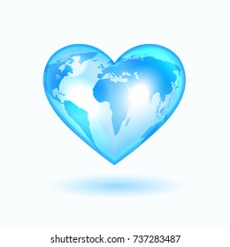 Heart with the world map, light blue and shining vector icon