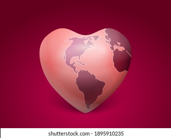 Heart world map on a purple background. Vector illustration.