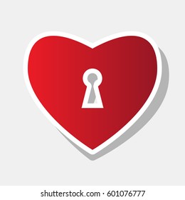 Heart woth lock sign. Vector. New year reddish icon with outside stroke and gray shadow on light gray background.