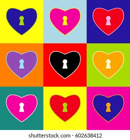 Heart woth lock sign. Vector. Pop-art style colorful icons set with 3 colors.
