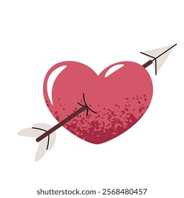 Heart wounded by Cupid's arrow in flat cartoon style. Heart on white background. Vector illustration for Valentine's day for cards, stickers, banners, etc.
