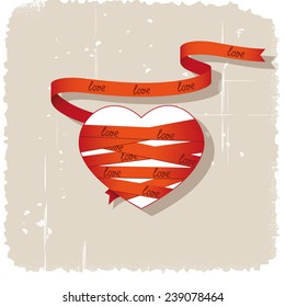 Heart wrapped red ribbon on grungy background