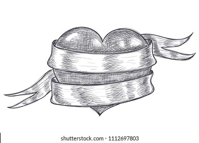Heart wrapped with ribbon banner. Hand drawn sketch. Vector illustration isolated on white background