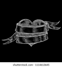 Heart wrapped with ribbon. Hand drawn sketch on black background. Vector illustration