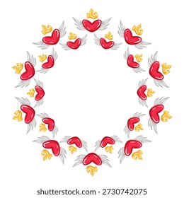 Marco de corona de corazón hecho de corazones alados rojos con llamas doradas. Frontera circular romántica del Vector con el espacio de la copia, ilustración juguetona de San Valentín para el amor, boda, y diseños de saludo, envoltorios