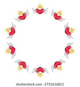 Marco de corona de corazón hecho de corazones alados rojos con llamas doradas. Frontera circular romántica del Vector con el espacio de la copia, ilustración juguetona de San Valentín para el amor, boda, y diseños de saludo, envoltorios