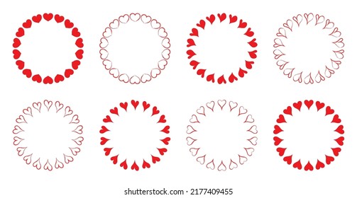 Heart wreath. Hearts circle. Pink round frames for love. Decorative border valentine. Cute wedding design elements. Modern red scallop for romantic card. Vector.