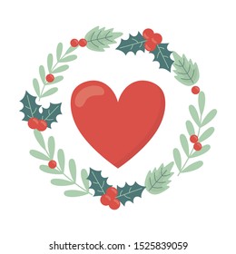 heart with wreath holly berry decoration celebration merry christmas vector illustration