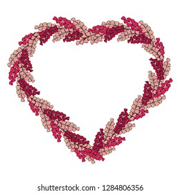 heart, wreath is made of romantic pink herbs. template for your design. form for text. Hand drawn. Vector illustration.