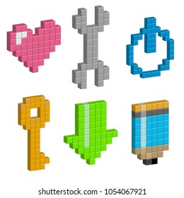 heart, wrench, power button load, pencil in pixel design. Vector illustration