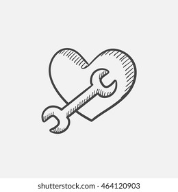 Heart with wrench sketch icon for web, mobile and infographics. Hand drawn vector isolated icon.