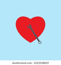 Heart wrench tool vector illustration on blue background. Love repair concept