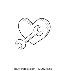 Heart with wrench vector sketch icon isolated on background. Hand drawn Heart with wrench icon. Heart with wrench sketch icon for infographic, website or app.