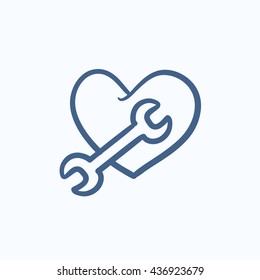 Corazón con el icono de esbozo del vector llave aislado en el fondo. Corazón dibujado a mano con icono de llave. Corazón con el icono de sketch en francés para infografía, sitio web o aplicación.