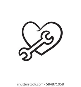 Heart with wrench vector sketch icon isolated on background. Hand drawn Heart with wrench icon. Heart with wrench sketch icon for infographic, website or app.