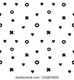 Heart xo seamless scandi pattern with minimalist symbols and shapes. Black and white  hugs and kisses repeat textile design. Monochrome fabric, wallpaper scandinavian art