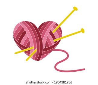 Heart yarn and needles. Vector isolated  illustration on white background