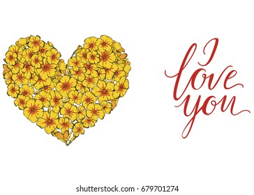 Heart of yellow phlox flowers isolated on white background. Vector illustration.