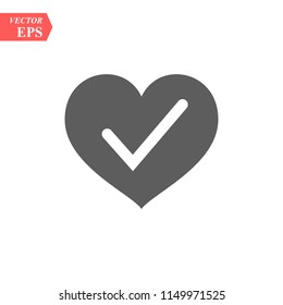 Heart with Yes check mark. Vector illustration. Gray heart with check mark on light background.