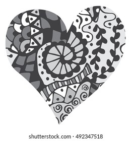 Heart in zentangle style. Doodle love concept. Hand drawn vector illustration.