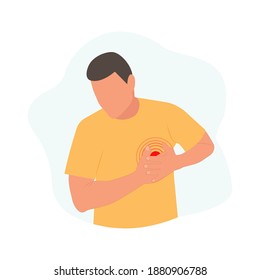 Heartache.Man with Heart Attack. Character with Chest Pain.    Isolated. Vector Illustration in Flat Cartoon Style. Health and Medical.